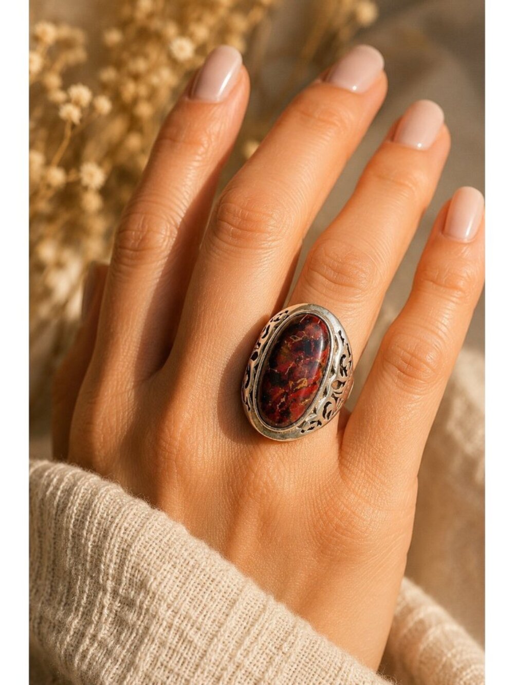 VTG 925 Sterling Silver Brecciated Red Jasper Statement Ring Wide Band Size 8.75